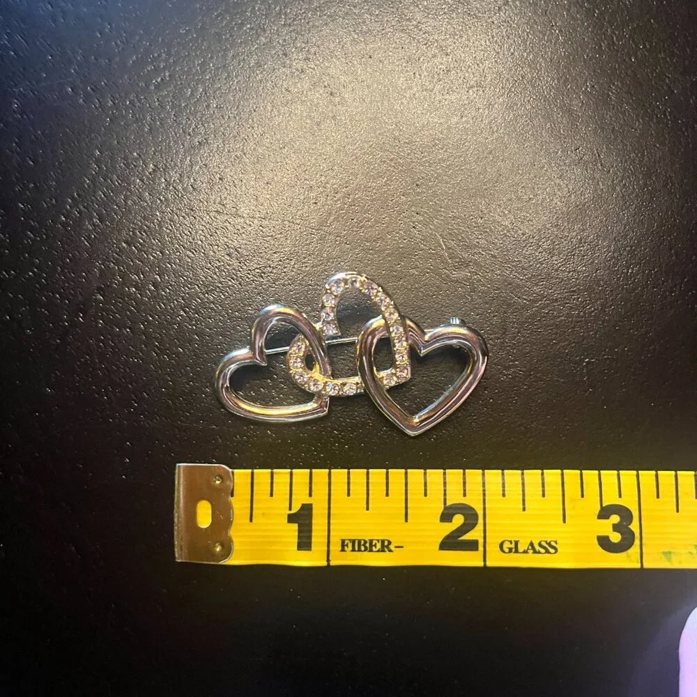 Triple Heart Gold Tone Brooch with Rhinestones